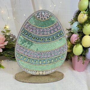 Vintage Inspired Wood Beaded Jeweled Spring Easter Egg Tabletop Decor Figure New